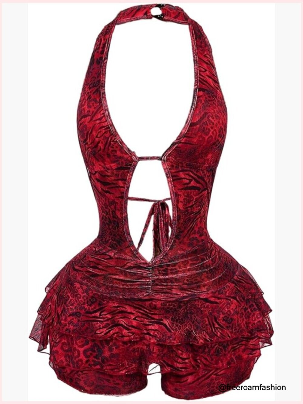 Y2K Leopard Print Halter Romper Backless Sleeveless Layered Ruffle One Piece